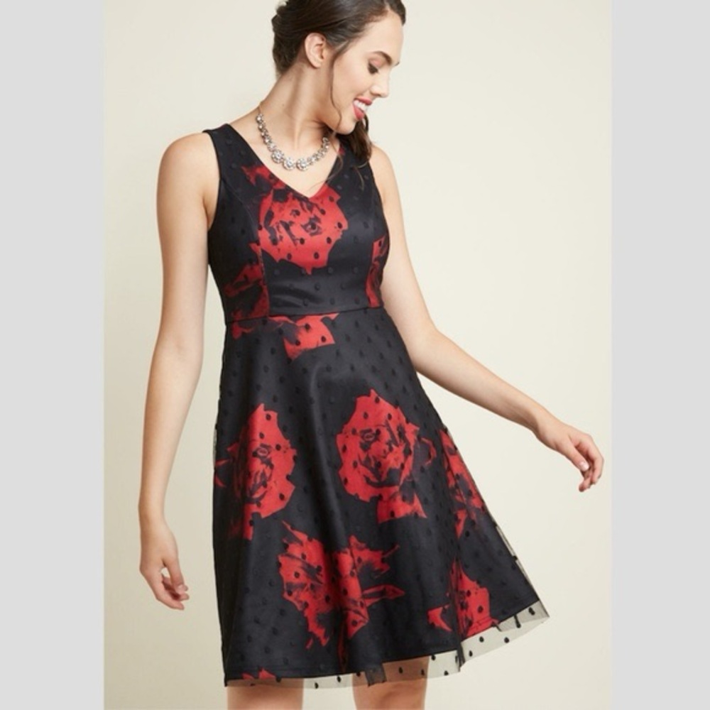 Liza Luxe black and red party dress with polka dot mesh overlay size M